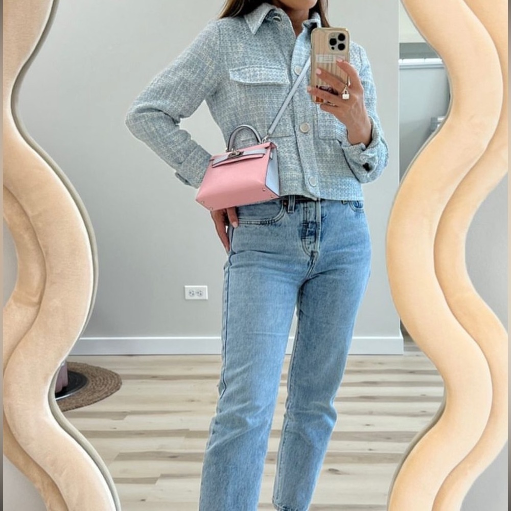 Zara Blue Tweed Structured Patch Pocket Blazer Jacket